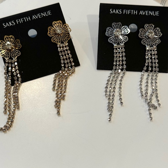 Saks Fifth Avenue Silver Tone Filigree Flower Crystals Dangling Post Earrings - Picture 2 of 4